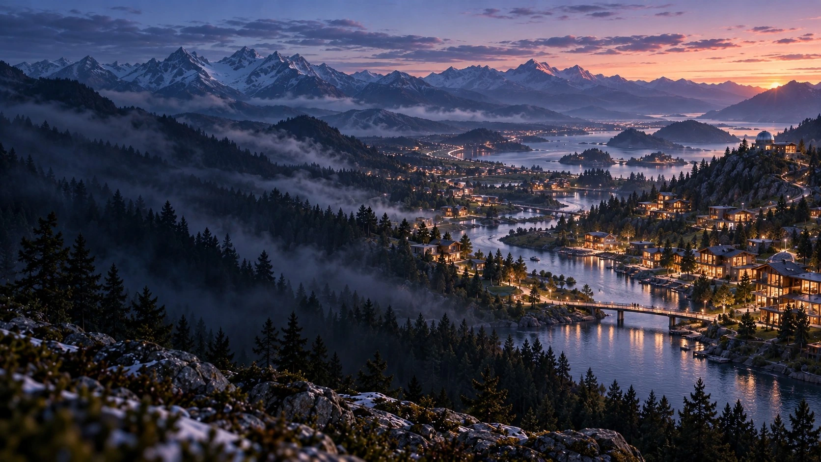 Concept landscape of a river town, terraced hills and mountains in The Habitat
