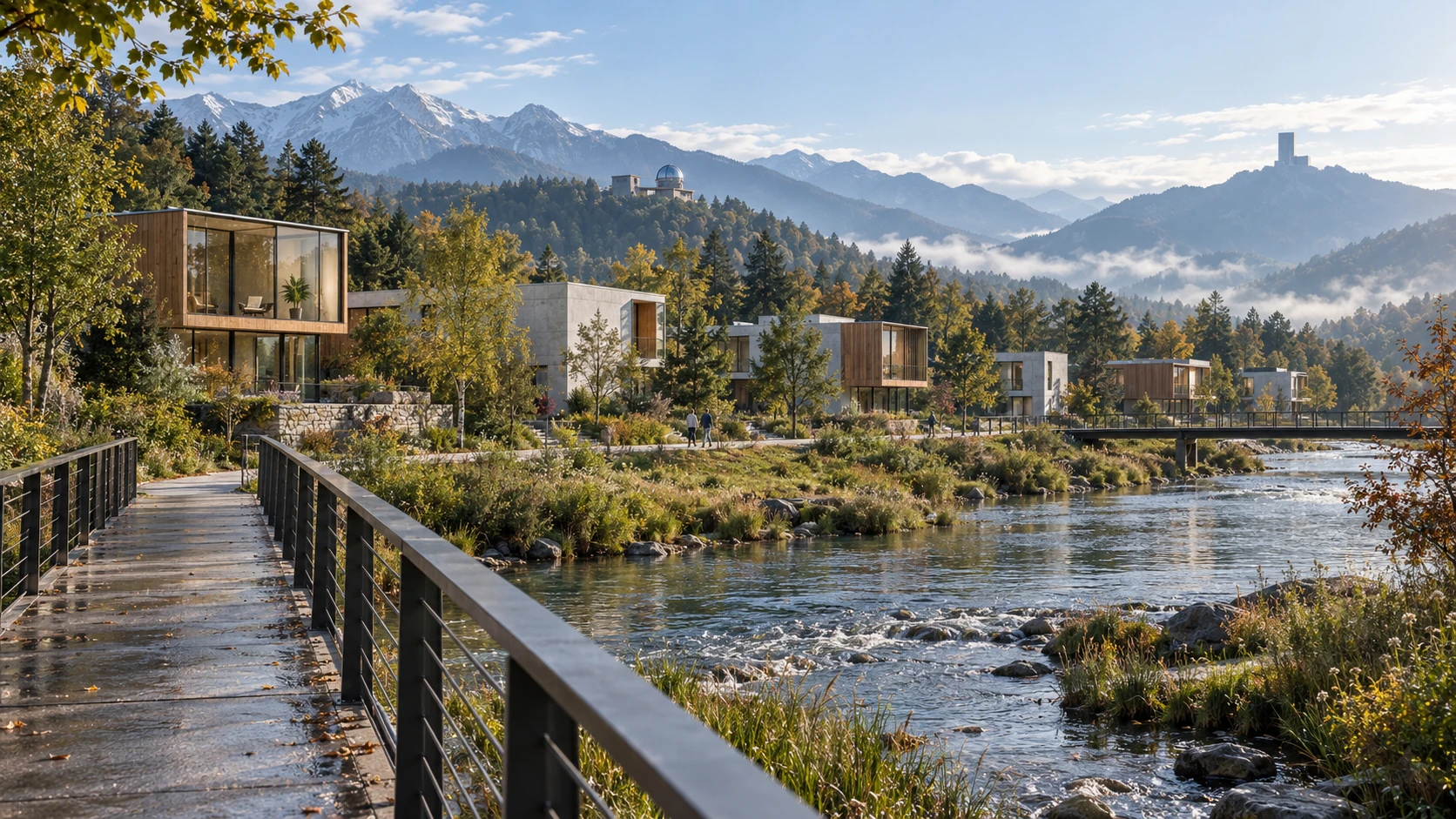 A detailed river settlement surrounded by forest and mountains