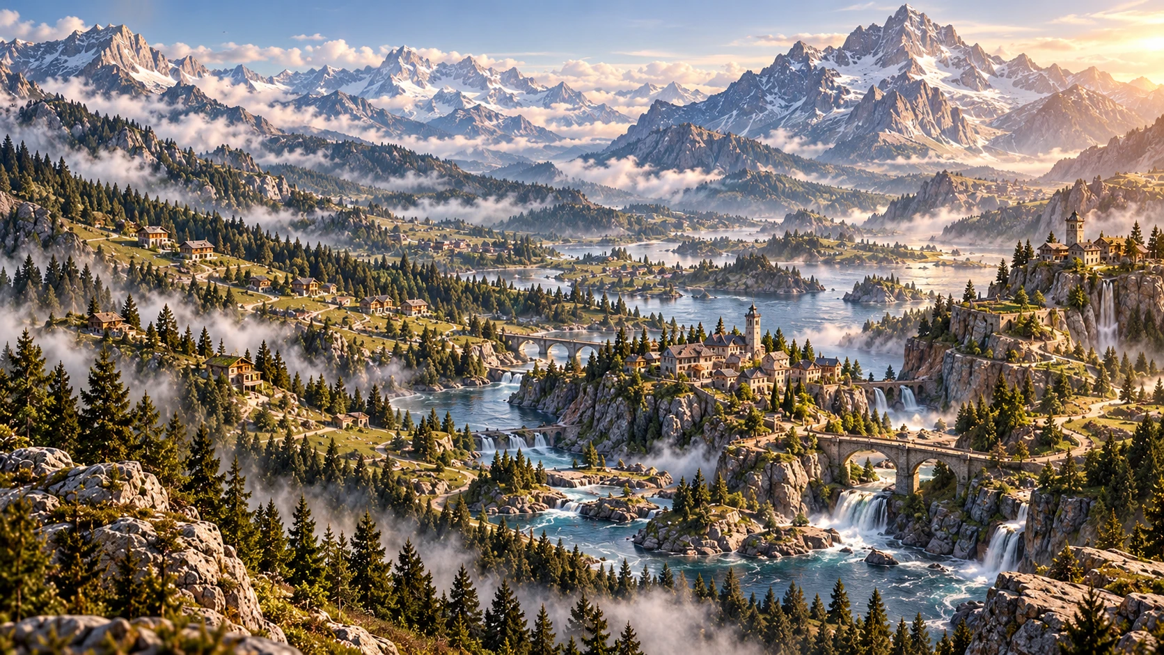 Concept of a highland community among alpine peaks, pine forests and misty mountain paths