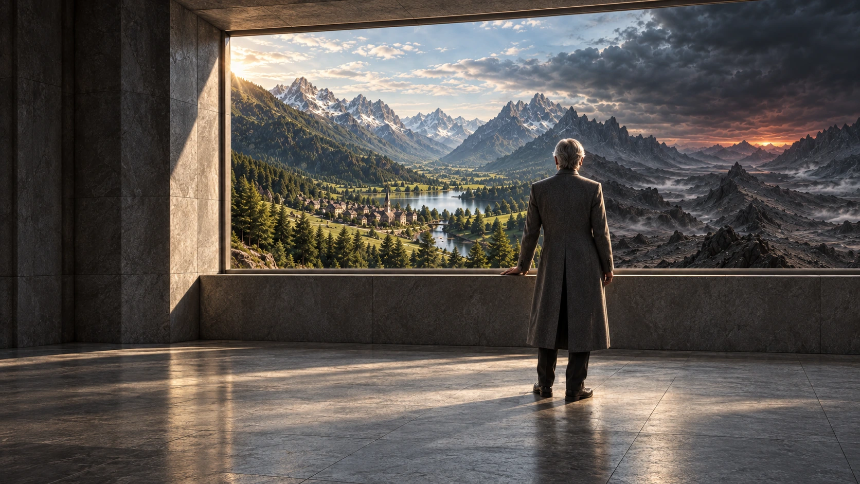 The Steward, seen from behind at an observatory window overlooking The Habitat and The Underworld